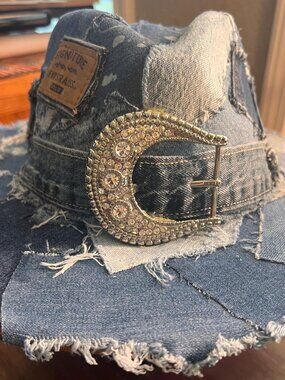 Upcycled Denim Patchwork Fedora, Levi Buckle Accent, Boho Western